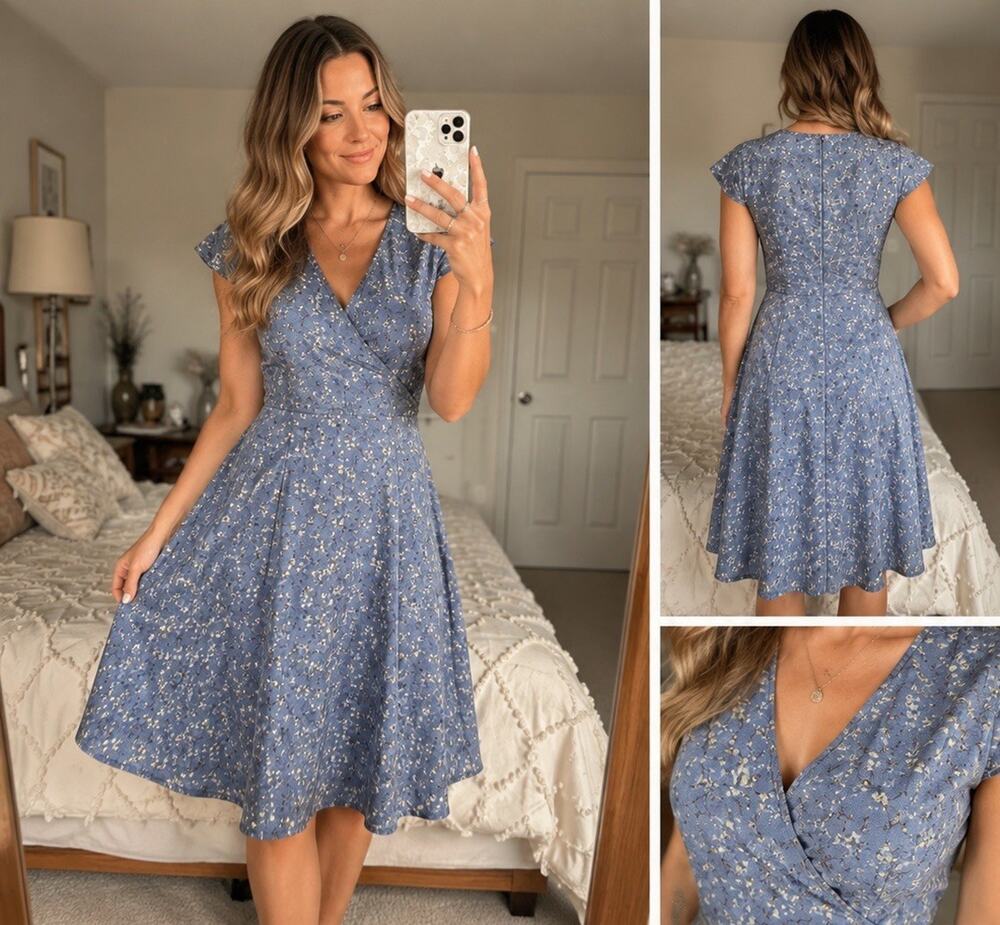 SHEIN Blue Floral Fit & Flare Midi Dress size Extra Small V-Neck Cottagecore